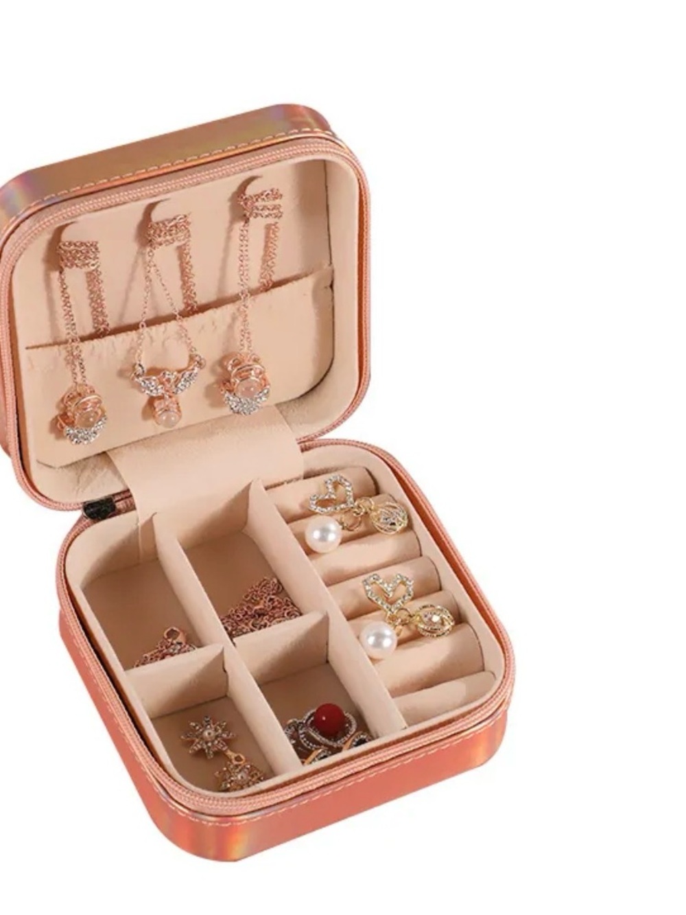 Holographic Compact Rose Gold Jewelry Travel Case - Faux Leather